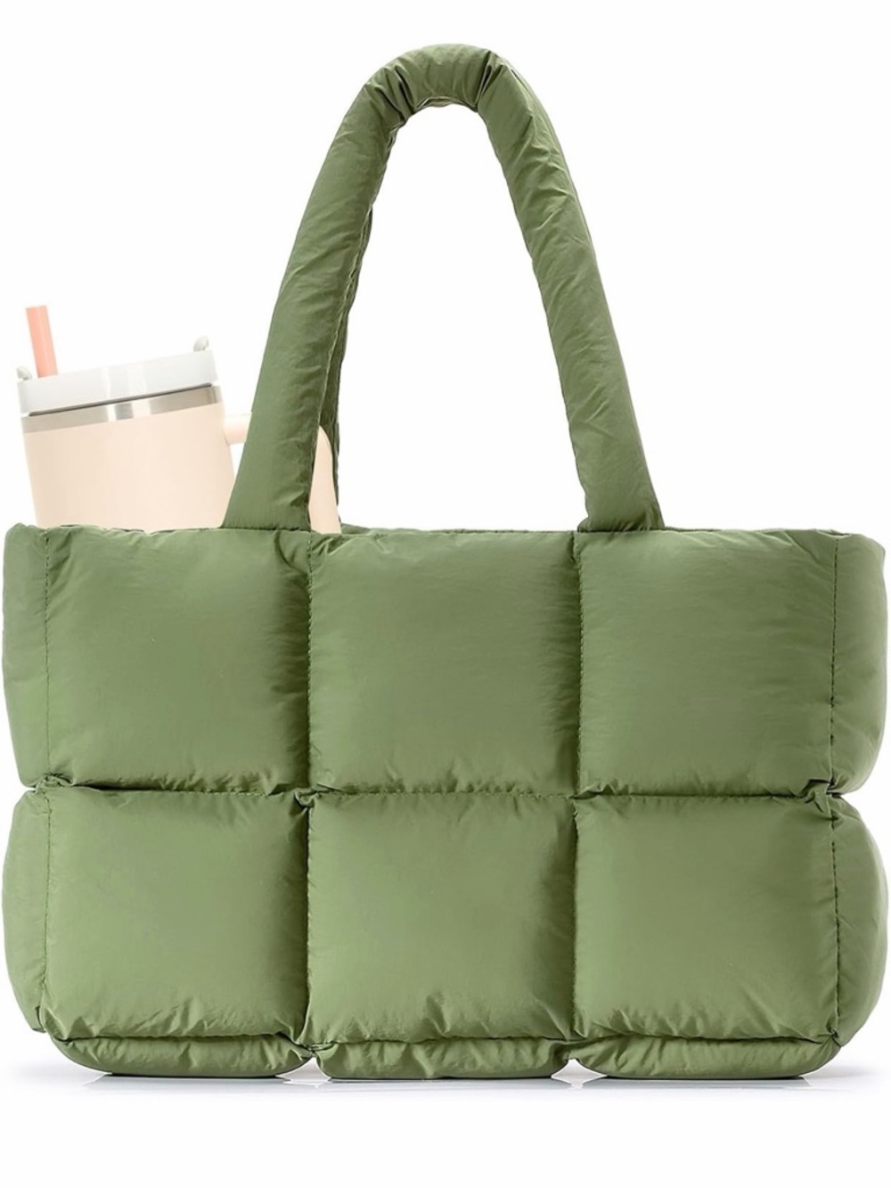 Olive Green Puffer Tote Bag - Quilted Women’s Shoulder Bag